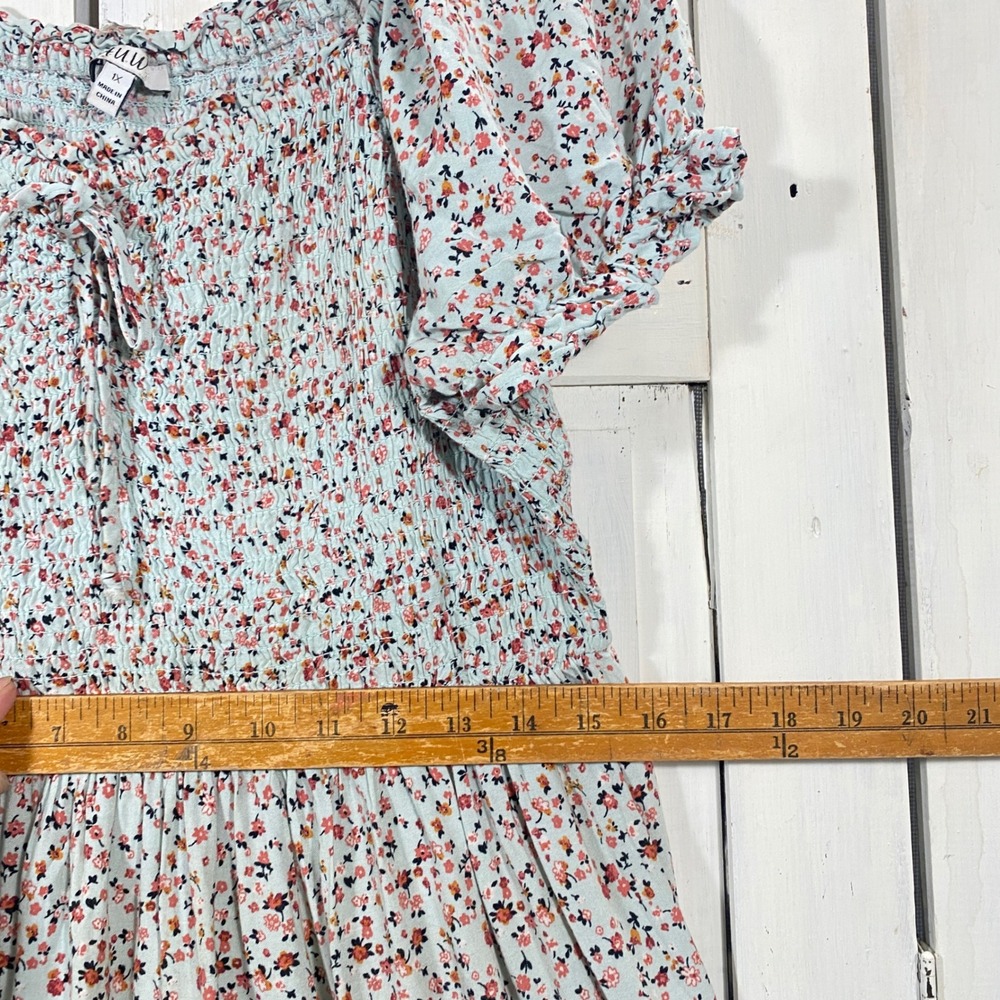 AUW Floral Babydoll Mini Dress Puff Sleeve Pastel Cottagecore Boho Smocked 1X - Picture 6 of 9